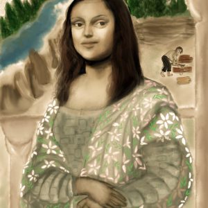 A digital art of a lady with beautiful dress and landscape behind with a man working