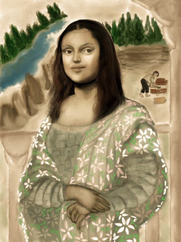 A digital art of a lady with beautiful dress and landscape behind with a man working
