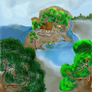 A digital art of landscape, trees and river and house , a beautiful village scenery