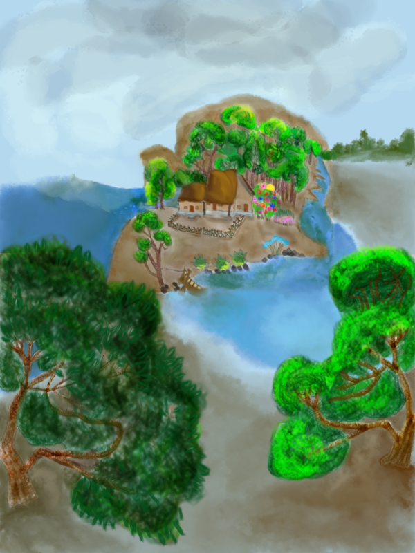 A digital art of landscape, trees and river and house , a beautiful village scenery