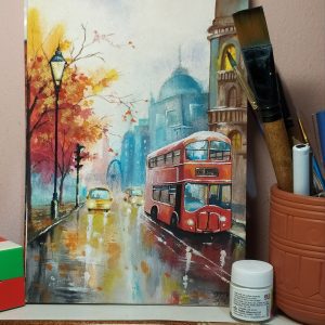 A vibrant watercolor of a red double-decker bus on a rainy city street, with autumn trees and a dreamy, foggy skyline—perfect for adding urban charm to any space.