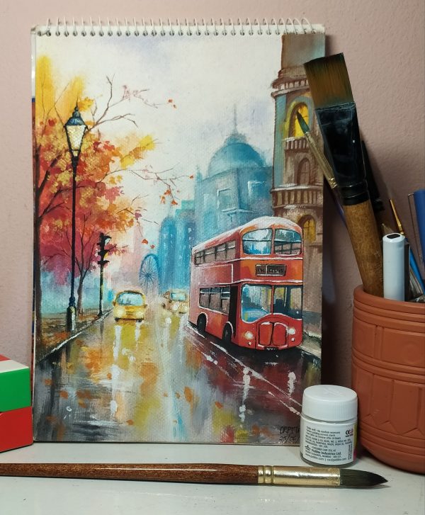 A vibrant watercolor of a red double-decker bus on a rainy city street, with autumn trees and a dreamy, foggy skyline—perfect for adding urban charm to any space.